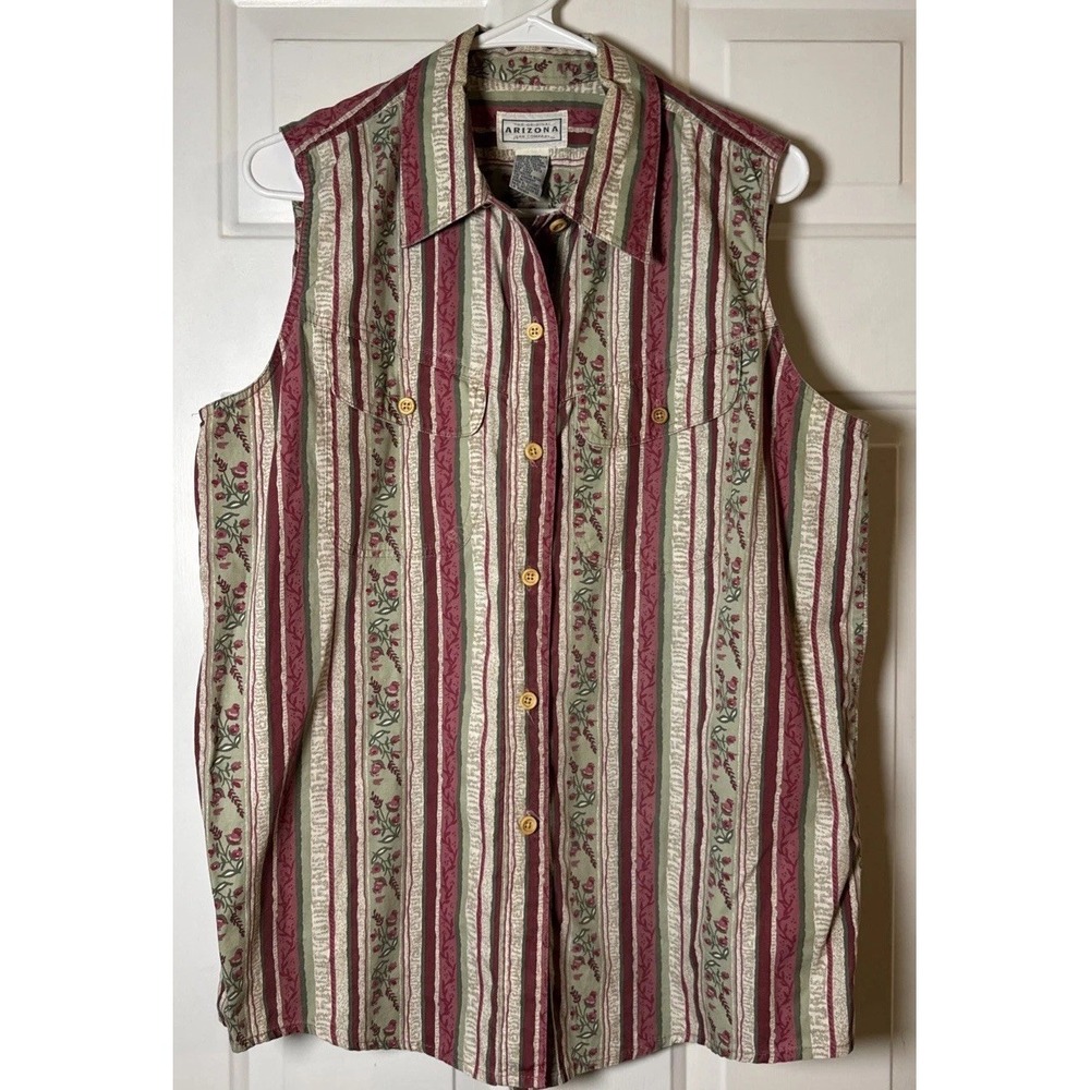 VTG 90s Arizona Jean Company Womens XL Floral Stripe Sleeveless Button Shirt